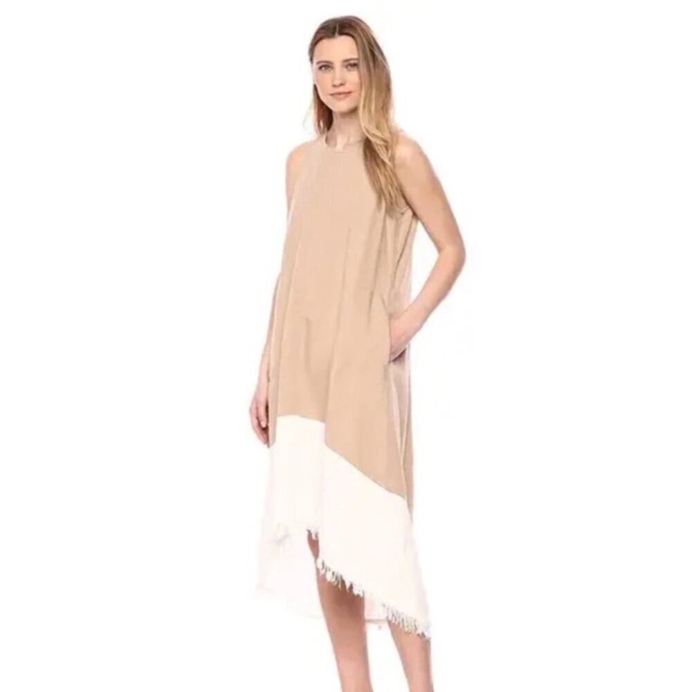 Nanette Lepore Hi-Lo Asymetrical Linen Blend Dress w/Fringe Hem, Beige/White, 8 - Picture 2 of 10